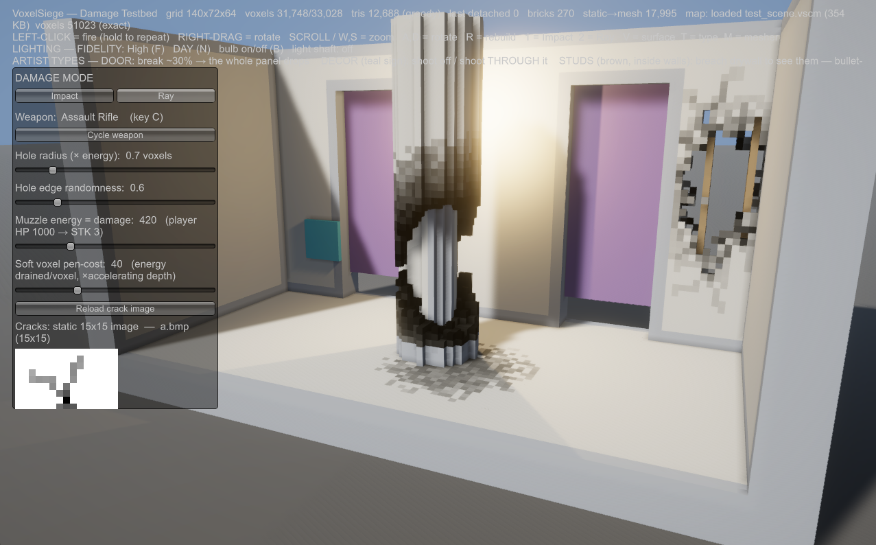 A voxel siege room with drywall breached down to the bare metal frame and a metal-cored pillar at the centre